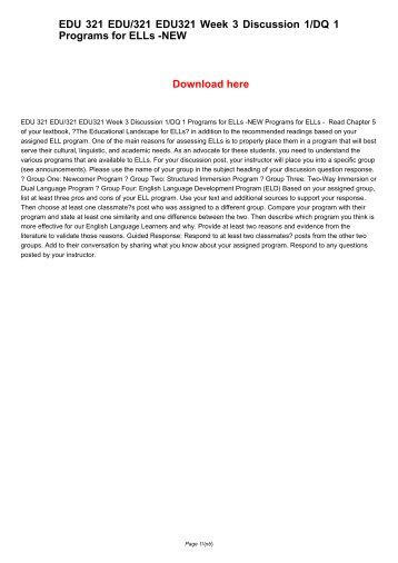 EDU 321 EDU321 EDU/321 Week 3 Discussion 1/DQ 1 Programs for ELLs -NEW
