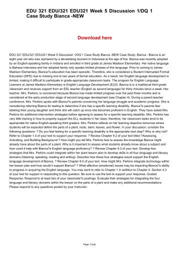 EDU 321 EDU321 EDU/321 Week 5 Discussion 1/DQ 1 Case Study Bianca -NEW