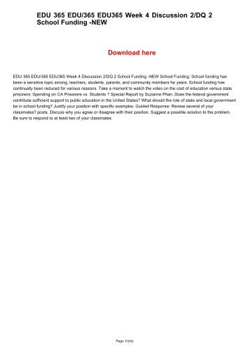 EDU 365 EDU365 EDU/365 Week 4 Discussion 2/DQ 2 School Funding -NEW