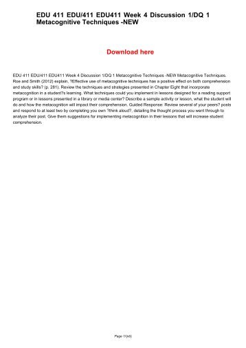 EDU 411 EDU411 EDU/411 Week 4 Discussion 1/DQ 1 Metacognitive Techniques -NEW