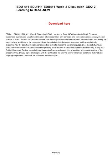 EDU 411 EDU411 EDU/411 Week 2 Discussion 2/DQ 2 Learning to Read -NEW