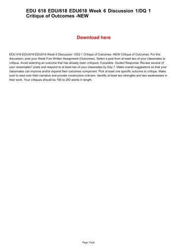 EDU 618 EDU618 EDU/618 Week 6 Discussion 1/DQ 1 Critique of Outcomes -NEW