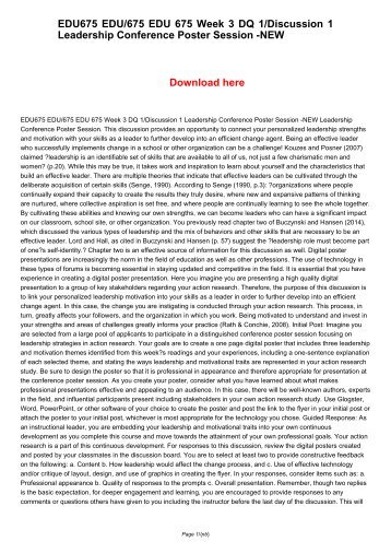 EDU675 EDU/675 EDU 675 Week 3 DQ 1/Discussion 1 Leadership Conference Poster Session -NEW