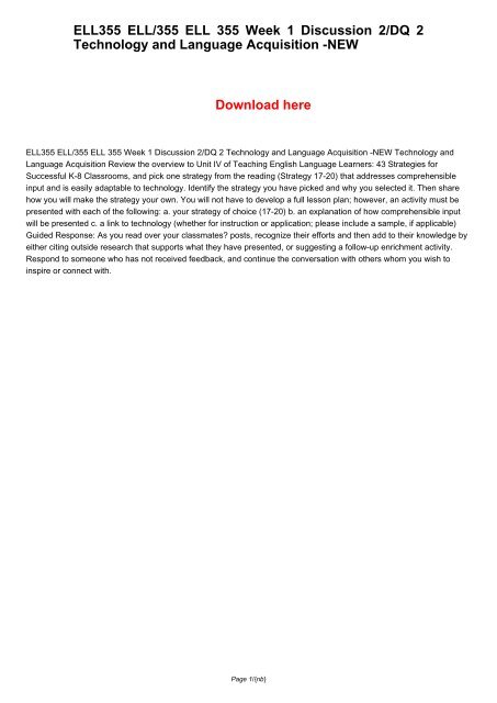 ELL355 ELL/355 ELL 355 Week 1 Discussion 2/DQ 2 Technology and Language Acquisition -NEW