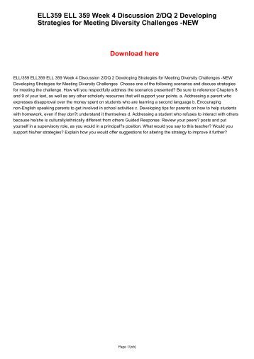 ELL359 ELL/359 ELL 359 Week 4 Discussion 2/DQ 2 Developing Strategies for Meeting Diversity Challenges -NEW