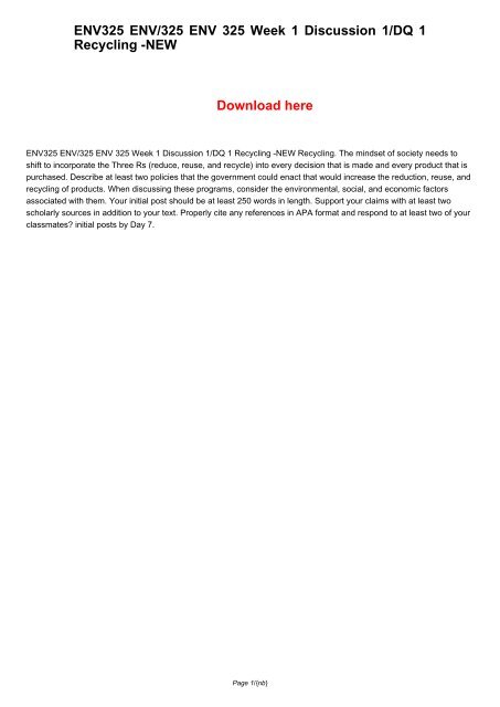ENV325 ENV/325 ENV 325 Week 1 Discussion 1/DQ 1 Recycling -NEW