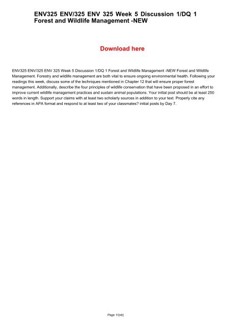 ENV325 ENV/325 ENV 325 Week 5 Discussion 1/DQ 1 Forest and Wildlife Management -NEW