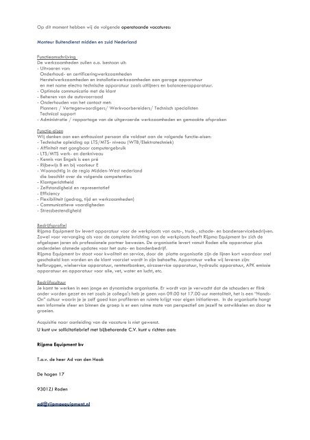 Vacature monteur buitendienst midden west nederland