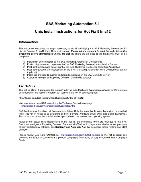 SAS Marketing Automation 5.1 Unix Install Instructions for Hot Fix ...