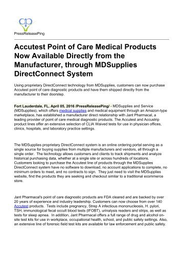 Accutest Point of Care Medical Products Now Available Directly from the Manufacturer, through MDSupplies DirectConnect System