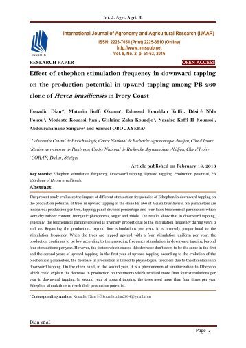 Effect of Ethephon stimulation frequency in downward tapping on the production potential in upward tapping among PB 260 clone of Hevea brasiliensis in Ivory Coast