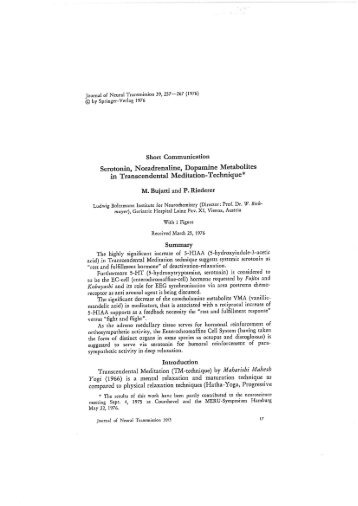 Serotonin, noradrenaline, dopamine metabolites in transcendental meditation-technique