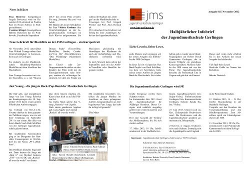 Halbjährlicher Infobrief der Jugendmusikschule Gerlingen