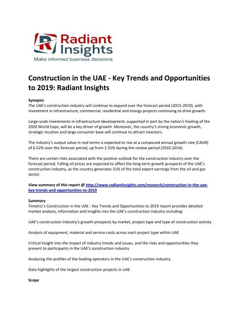 UAE Construction Market Growth And Forecast Report To 2019: Radiant Insights, Inc