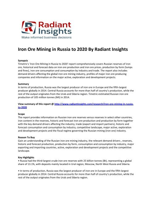 Russia Iron Ore Mining Market Growth & Forecast Up To 2020: Radiant Insights, Inc