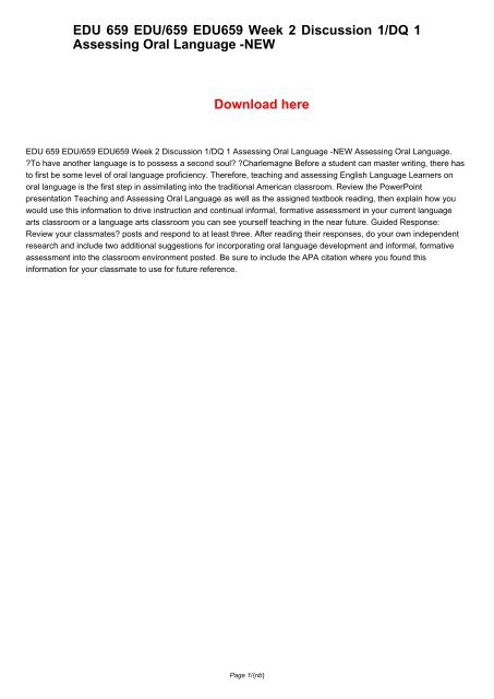 EDU 659 EDU659 EDU/659 Week 2 Discussion 1/DQ 1 Assessing Oral Language -NEW