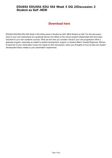 EDU654 EDU/654 EDU 654 Week 5 DQ 2/Discussion 2 Student as Self -NEW