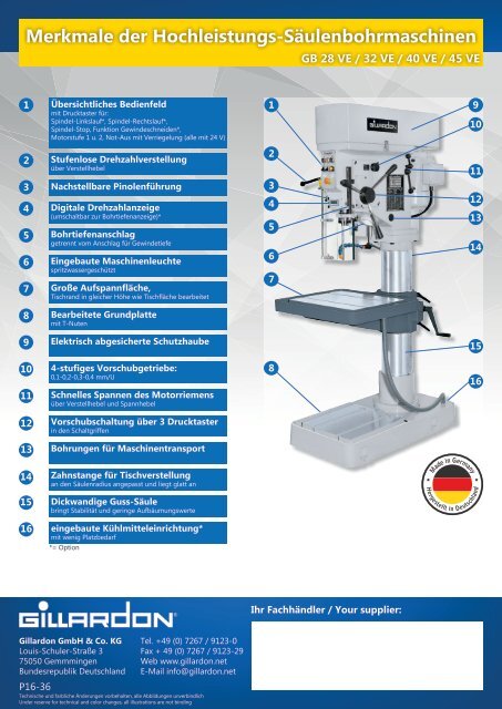 Merkmale zur Säulenbohrmaschinen Baureihe GB