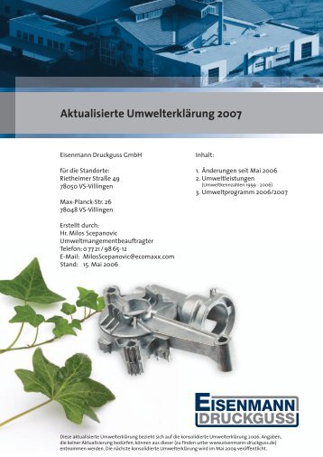 Aktualisierte Umwelterklärung 2007 - Eisenmann Druckguss GmbH