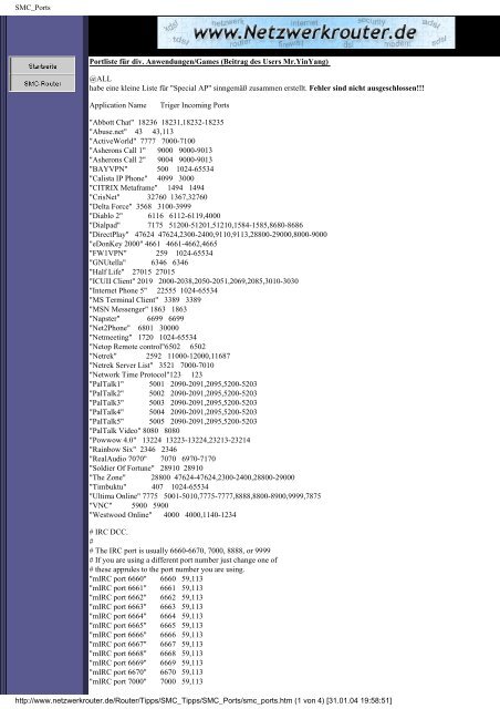 SMC_Ports Portliste für div. Anwendungen/Games ... - Eltviller.de
