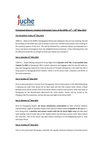 full itinerary - Juche Travel Services