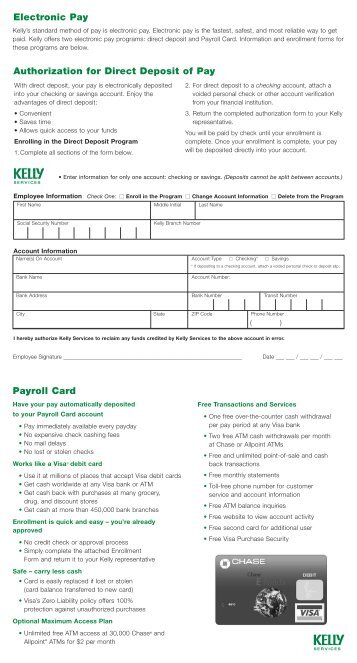 Authorization for Direct Deposit of Pay Electronic Pay Payroll Card