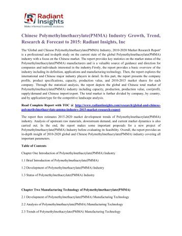 Chinese Polymethylmethacrylate(PMMA) Industry Growth, Trend, Research & Forecast to 2015 Radiant Insights, Inc