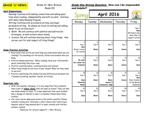 April 2016 Calendar and Curriculum Expectations