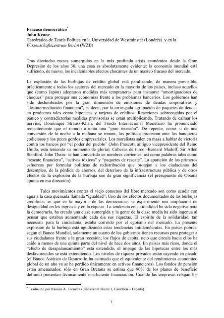 1 Fracaso democrático* John Keane Catedrático de Teoría Política ...