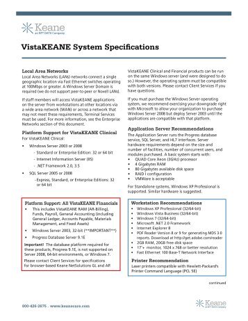 VistaKEANE System Specifications - Keane Care