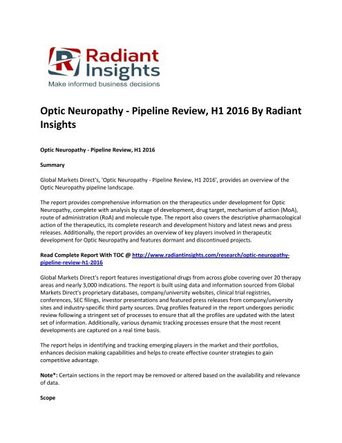 Optic Neuropathy Market Size Report For 2016 By Radiant Insights, Inc