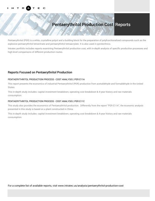 Feasibility Study of Pentaerythritol Production