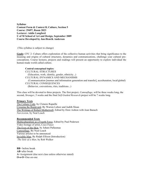 Syllabus CFC ll Sept 2009 UofM Penny Stamps School of Art and Design