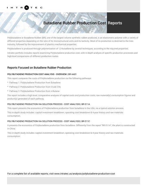 Techno-Economic Assessment about Butadiene Rubber