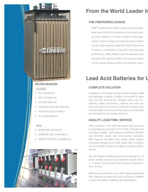 Stationary Lead Acid Batteries for Utility Applications Section