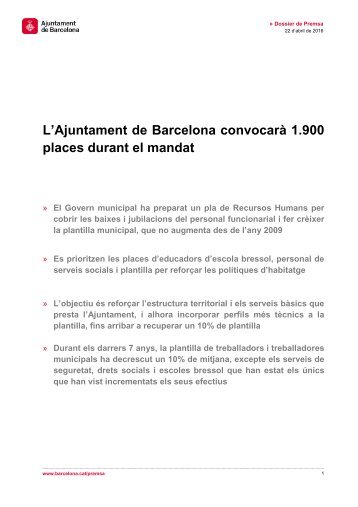 L’Ajuntament de Barcelona convocarà 1.900 places durant el mandat