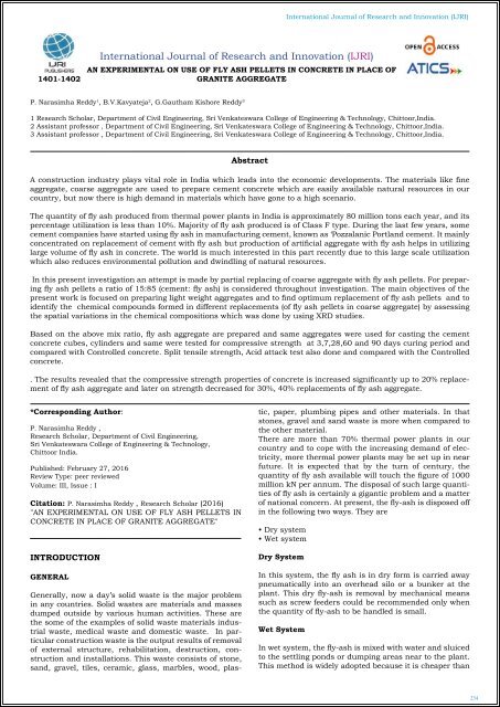  AN EXPERIMENTAL ON USE OF FLY ASH PELLETS IN CONCRETE IN PLACE OF