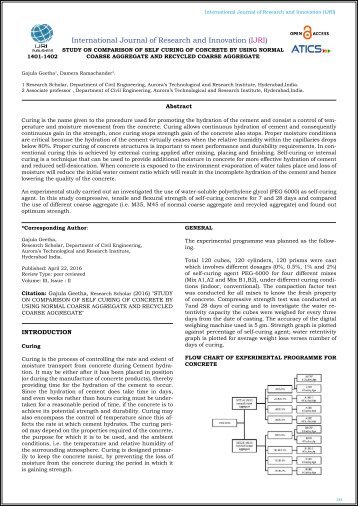 STUDY ON COMPARISON OF SELF CURING OF CONCRETE BY USING NORMAL COARSE AGGREGATE AND RECYCLED COARSE AGGREGATE