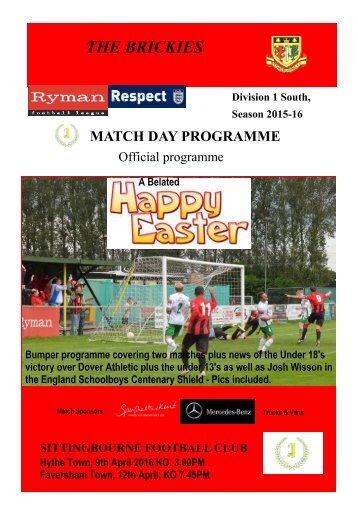 Match Day Magazine Sittingbourne v Hythe Town and Faversham Town April 2016