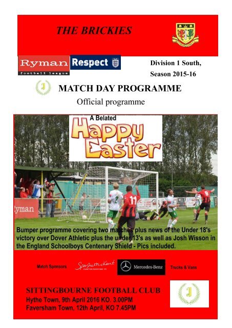 Match Day Magazine Sittingbourne v Hythe Town and Faversham Town April 2016