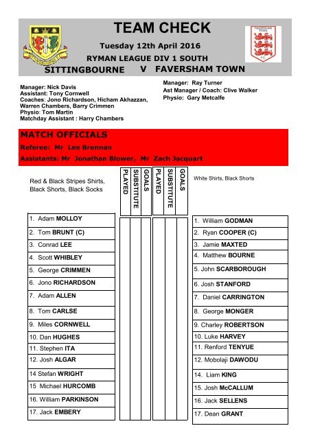 Match Day Magazine Sittingbourne v Hythe Town and Faversham Town April 2016