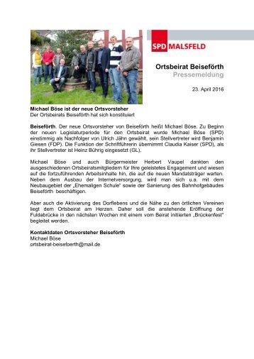 Konstituierende Sitzung des Ortsbeirates Beisefoerth 2016