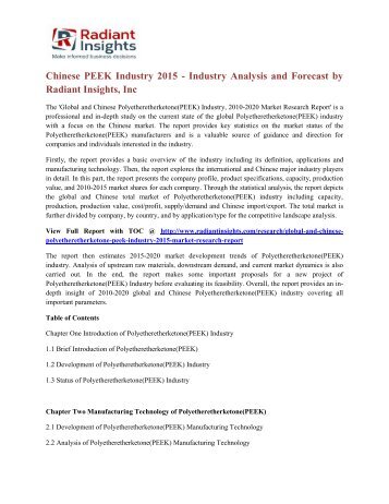 Chinese PEEK Industry 2015 - Industry Analysis and Forecast by Radiant Insights, Inc