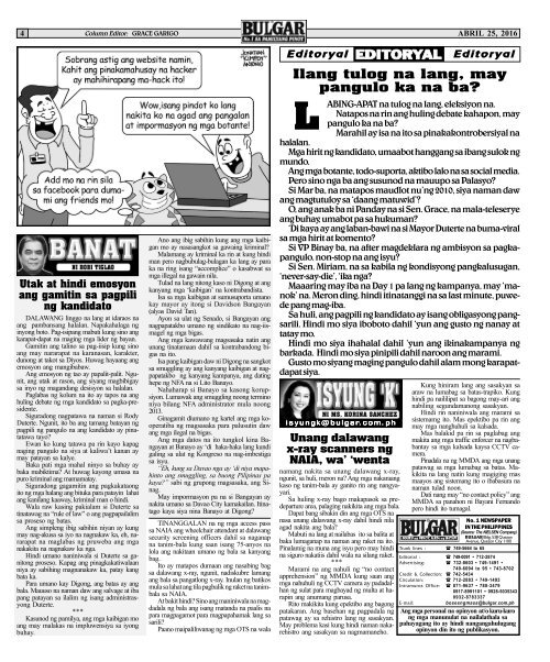 April 25, 2016 BULGAR: BOSES NG PINOY, MATA NG BAYAN