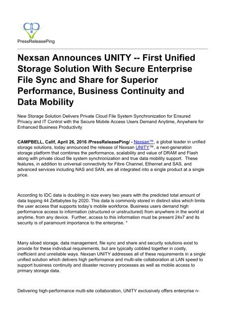 Nexsan Announces UNITY -- First Unified Storage Solution With Secure Enterprise File Sync and Share for Superior Performance, Business Continuity and Data Mobility