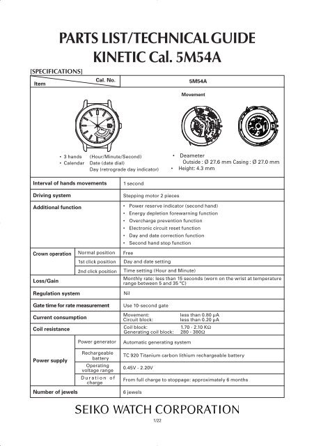 PARTS LIST/ TECHNICAL GUIDE KINETIC Cal. 5M54A - Seiko