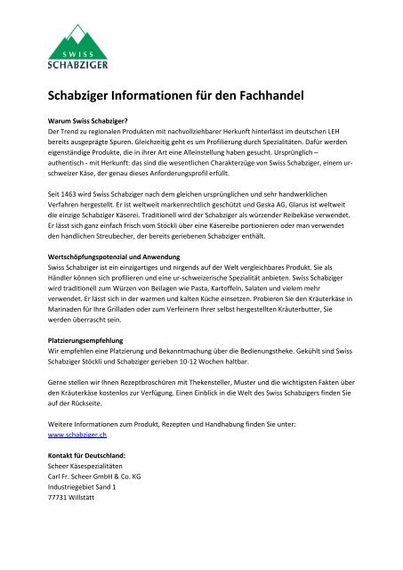 Schabziger Informationen für den Fachhandel - Scheer