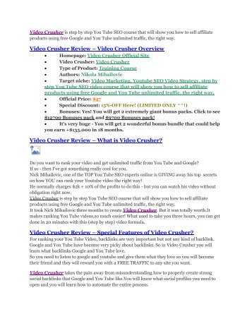 Video Crusher review- Video Crusher $27,300 bonus & discount