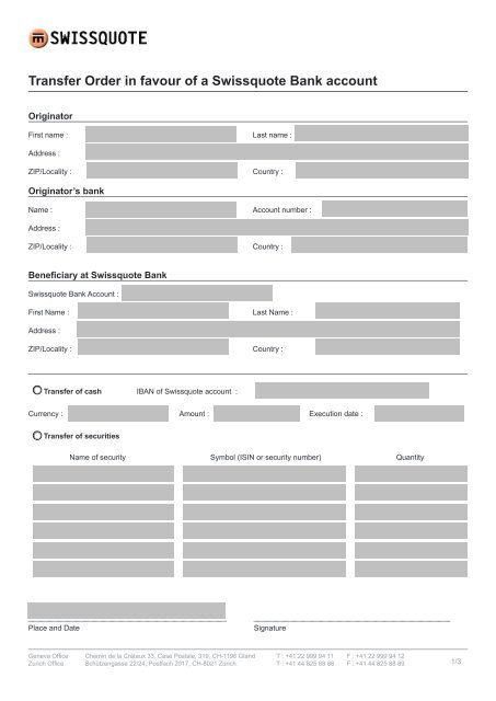 Transfer Order in favour of a Swissquote Bank account