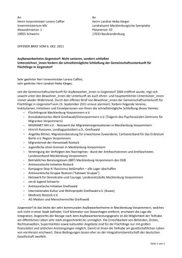 Offener Brief Schließung GU Jürgenstorf - Flüchtlingsrat ...